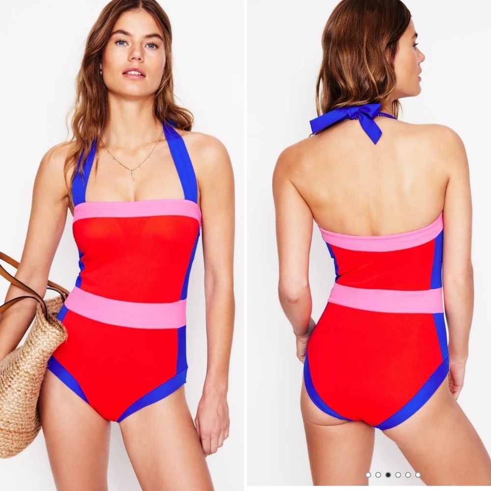BODEN Santorini Halterneck Swimsuit Fire Red Color block One Piece Bathing 16L